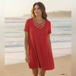 Zenana Large Red Dress T-shirt Swing Pockets Criss Cross Cutout Neckline